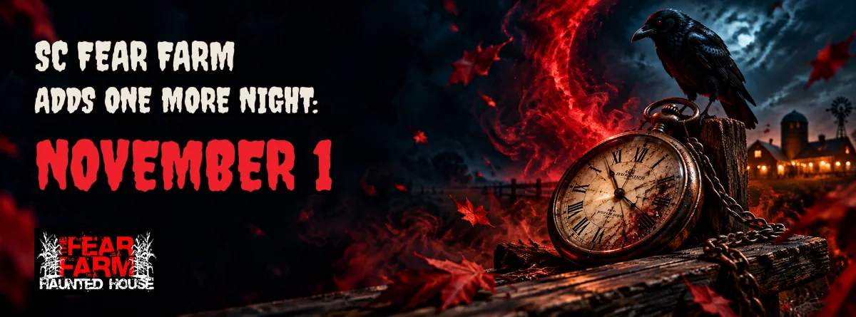 A weathered clock and autumn leaves in a dramatic red-lit haunted farm setting