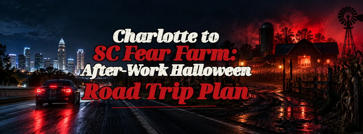 Night highway drive from Charlotte city lights toward a red-lit rural haunted farm