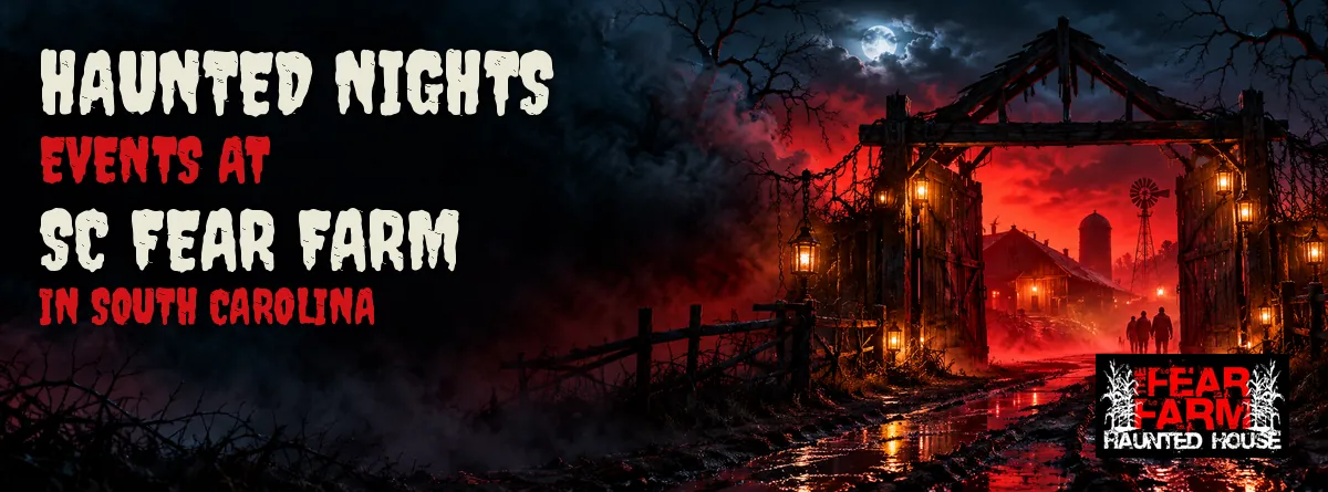 A nighttime timber farm gateway with red mist, distant visitors, and warm lanterns