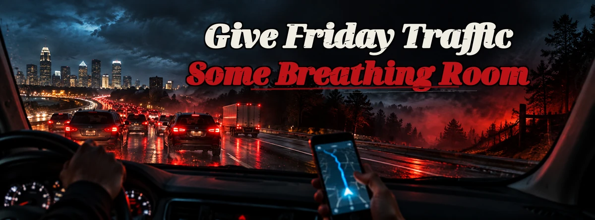 Night drive from Charlotte toward Blacksburg for SC Fear Farm with live navigation
