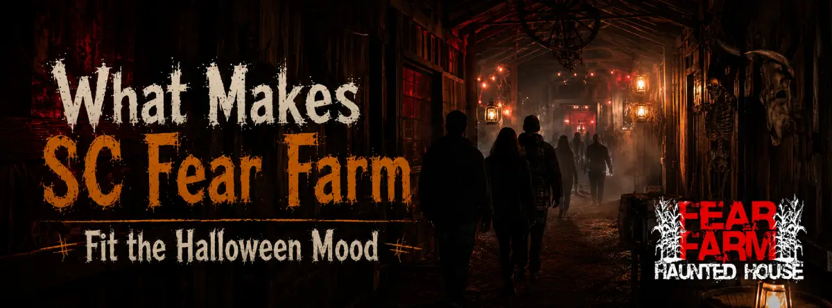 Inside haunted house hallway at SC Fear Farm with Halloween lighting and fog