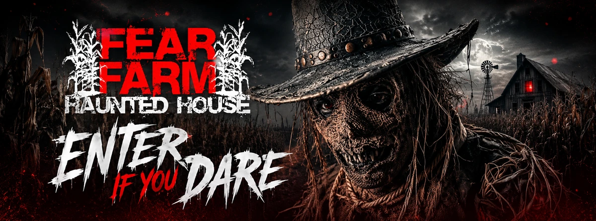 Sinister Fear Farm scarecrow inviting Greenville visitors to enter if they dare