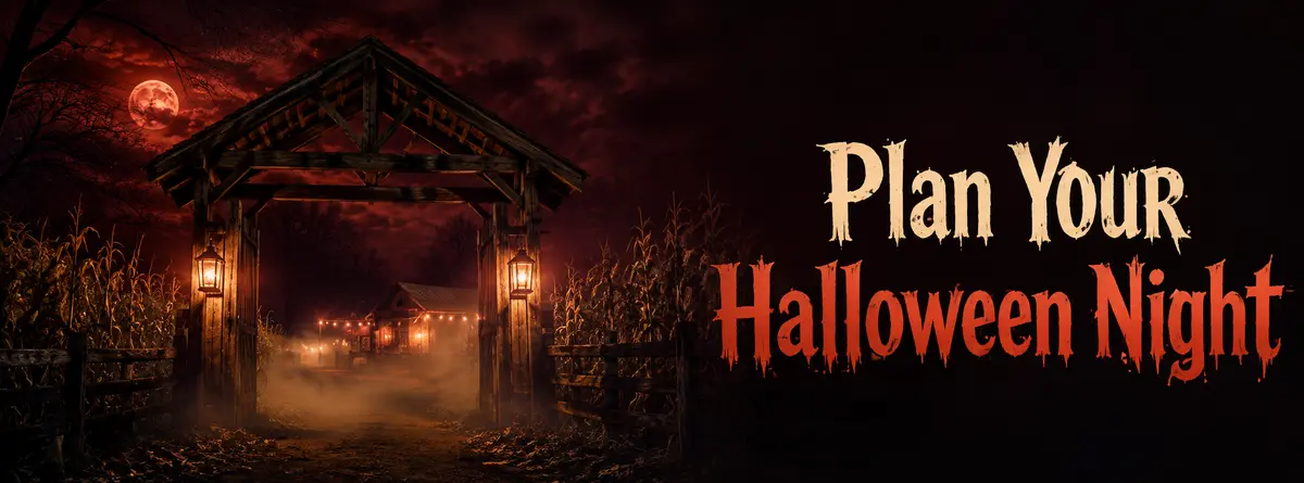 Haunted attraction entrance glowing through autumn fog at SC Fear Farm in Blacksburg