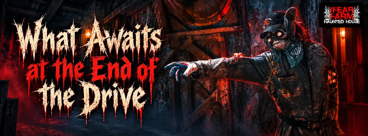 Masked haunted attraction performer reaches toward visitors in a dark wooden passage