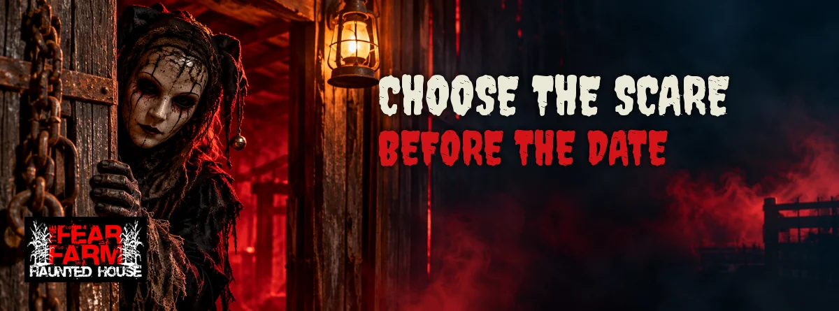 A costumed horror performer waits inside a red-lit rustic doorway