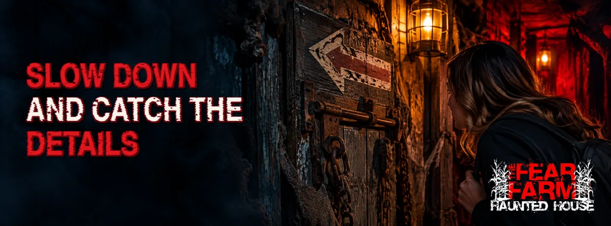 Returning visitor noticing details along a dim haunted attraction passage