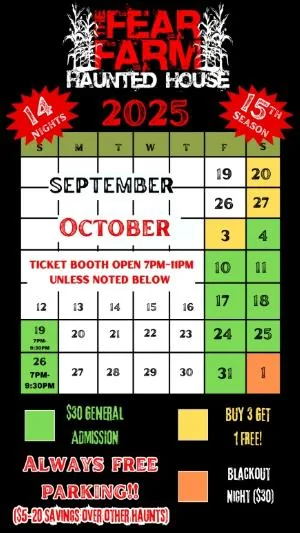 SC Fear Farm 2025 haunted house calendar and hours