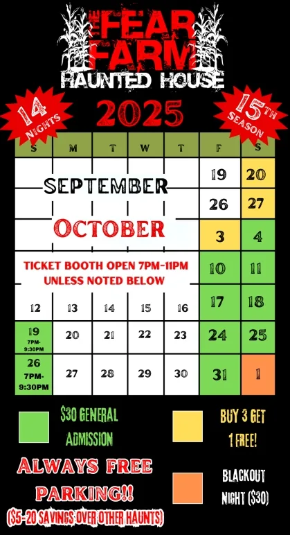 SC Fear Farm 2025 haunted house calendar and event dates