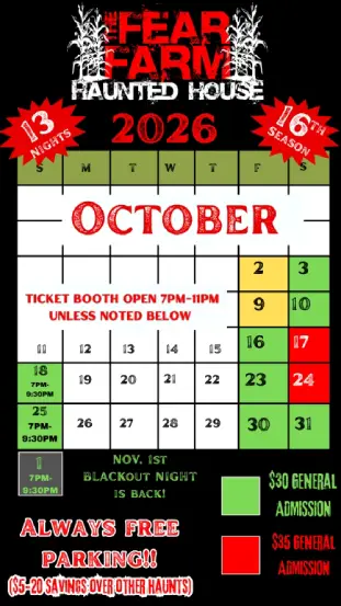 SC Fear Farm 2025 haunted house calendar and event dates