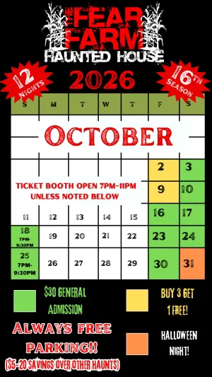 SC Fear Farm 2025 haunted house calendar and event dates