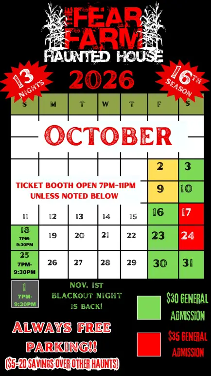 SC Fear Farm 2026 haunted house calendar and event dates
