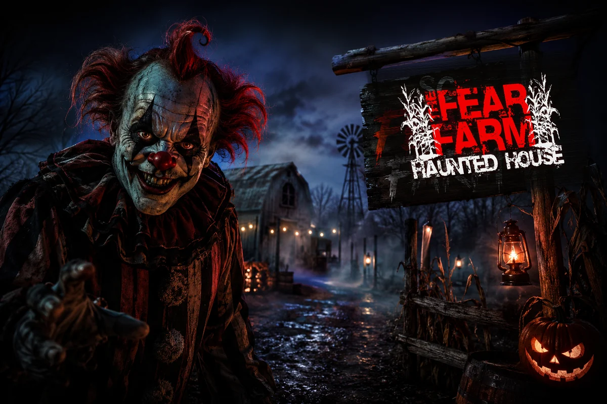 Scary clown at the SC Fear Farm haunted house entrance sign